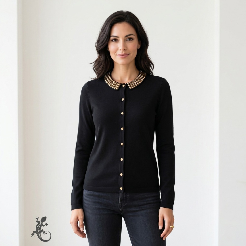 J McLaughlin Merino Wool Cardigan Womens S Black‎ Gold Studded Collar Removablet